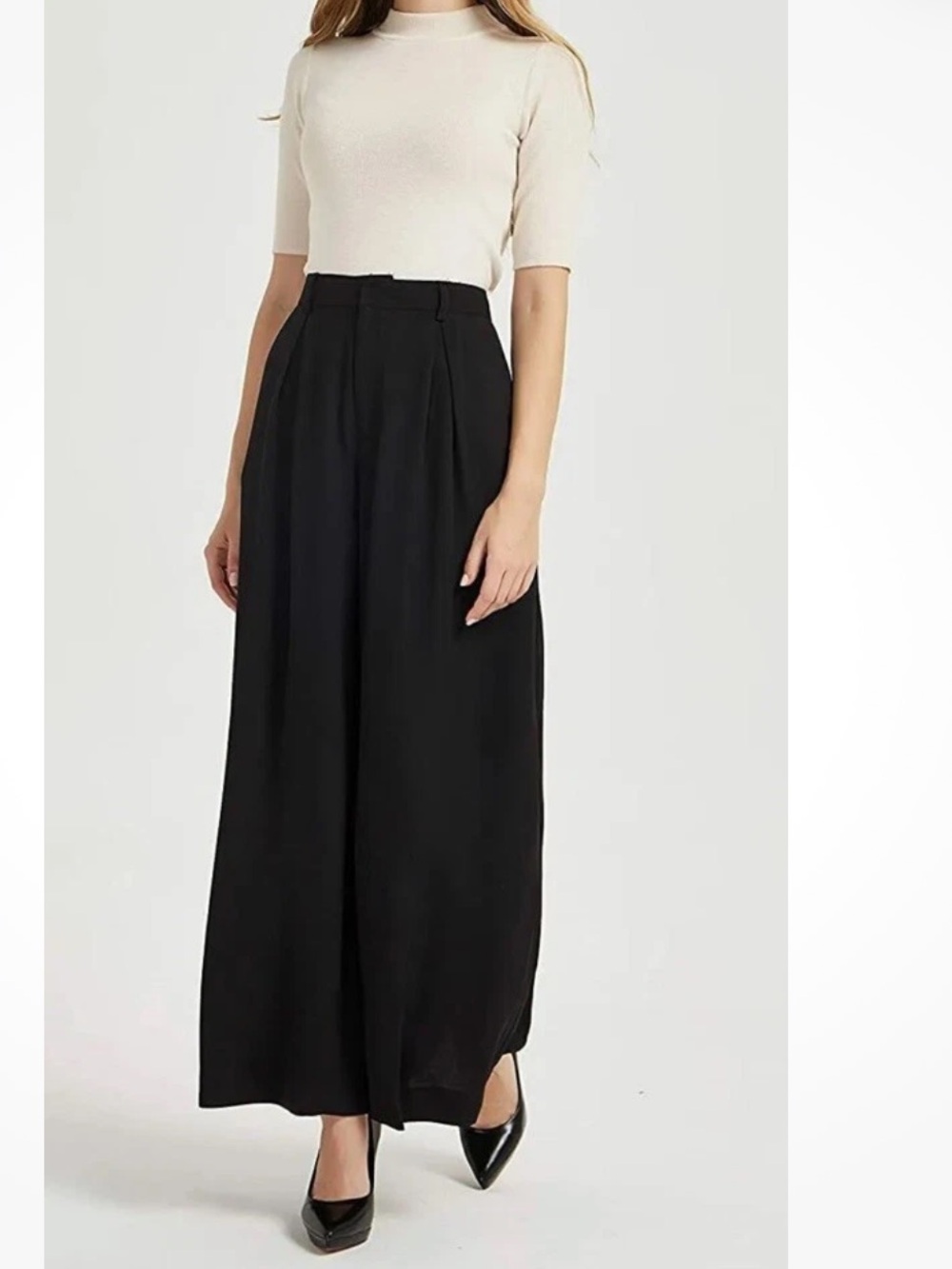 Tronjori Women’s Black High-Rise Black Wide-Leg Trousers Size M